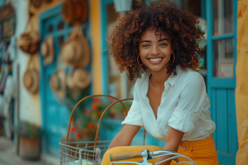 Cycle to Work Day. A photo of a happy black woman riding a bicycle with a shopping basket, wearing a white shirt and yellow jeans on the street in front of a store 
