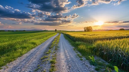 Obraz premium As the sun sets on the horizon, a country gravel road meanders through a vast green wheat field, bathed in the warm hues of twilight.