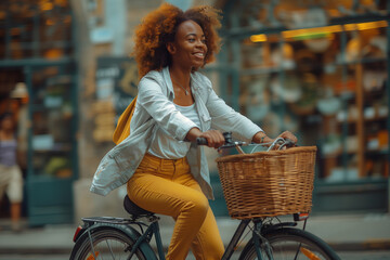 Cycle to Work Day. A photo of a happy black woman riding a bicycle with a shopping basket, wearing a white shirt and yellow jeans on the street in front of a store 