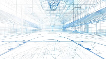 Basketball Court Manufacturing Schematic Blueprint Infographic with Minimal White Background