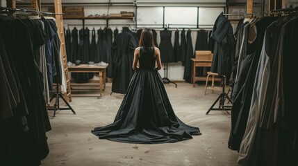 Naklejka premium Woman in elegant black dress standing in a dimly lit wardrobe surrounded by clothing racks in fashion store.