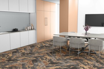 Beautiful home interiors with warm beige and white tones professionally staged and decorated, white furniture, ceramic kitchen countertop, ceramic dining table and grey chairs. 3D Rendering