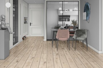 Interior of studio apartment, kitchen and dining area, a money plant in a ceramic top in the corner for freshness, ceramic countertops, gray shelves for additional storage, wooden floor. 3D Rendering