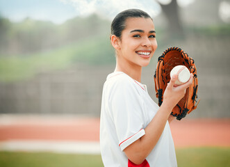 Baseball, pitcher and portrait of sports woman on field of stadium for training, practice or workout. Fitness, exercise and happy athlete ready to throw ball in game in park for match competition