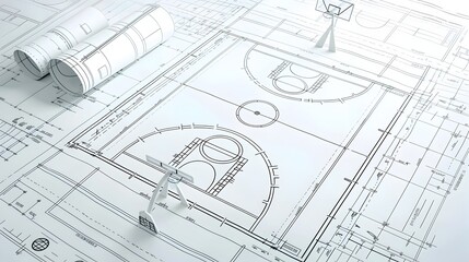 Blueprint Schematic of Basketball Court Structure Components