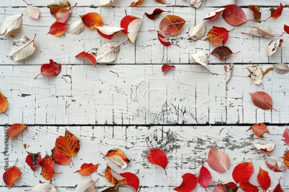 Wall mural autumn leaves on wooden table