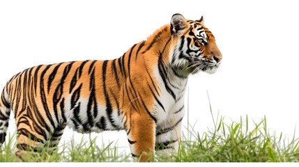 Obraz premium Side view, profile of a tiger standing, isolated on white. 