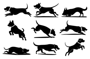 Dog silhouette collection vector. Dog in various poses and activities like jumping, running, burking, loving, eating. Silhouette black puppies, pet dog vector isolated on a white background.
