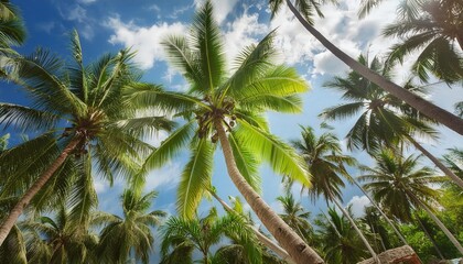 Fototapeta premium Coconut palms are iconic coastal trees, reaching heights of 30 meters. Their distinctive curved trunks and swaying fronds are a symbol of tropical paradise. 