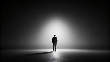 Black silhouette of a man walking through a light