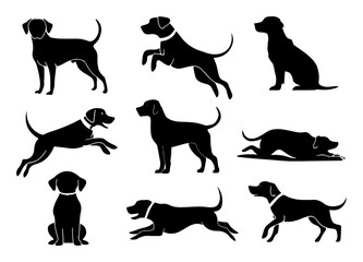 Dog silhouette collection vector. Dog in various poses and activities like jumping, sitting, running, playing, and standing. Silhouette black puppies, pet dog vector isolated on a white background.