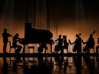 composition of symphony orchestra instruments, only silhouettes are visible, black background