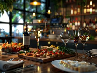 Elegant and select restaurant table Tapas and appetizers, assorted canap&Atilde;&copy;s on the bar table Soft light and romantic atmosphere food.