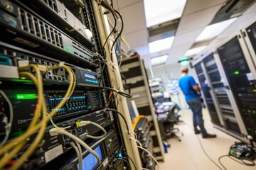 Professional Photography of a server room bustling with activity as IT staff monitor and manage data infrastructure, Generative AI