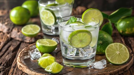 Fototapeta premium Gin and tonic with lime slices on wooden surface and backdrop