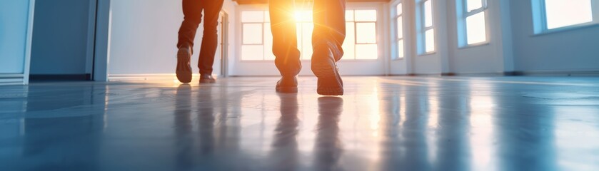 Low angle view of two people walking in a bright modern office space filled with sunlight, reflecting on the shiny floor surface.