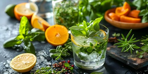 Capturing the Vibrant Freshness of Mocktail Ingredients with Unique Mixers and Herbs. Concept Mocktail Ingredients, Vibrant Freshness, Unique Mixers, Herbs, Capturing Aesthetics