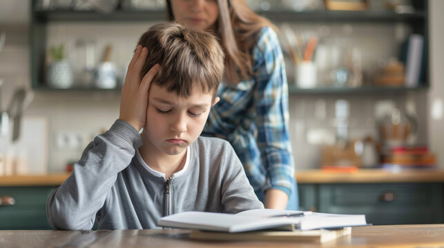 A young child looking concerned while studying at home, with a parent offering support and guidance, set in a cozy kitchen environment, emphasizing the importance of parental involvement in education