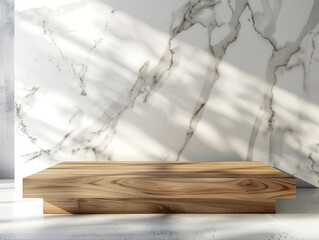Kitchen podium background food product stand table pedestal display wooden platform. Empty podium counter wood background kitchen board desk restaurant top white light marble presentation interior.