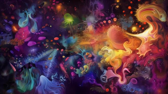 A surreal scene of luminescent creatures in a rainbow of colors set on a mysterious black canvas.