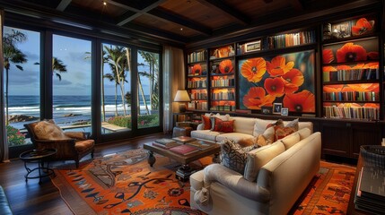 Luxurious beachfront library with vibrant decor, large windows, and cozy seating overlooking the ocean. Perfect for relaxation and reading.