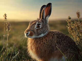 Fototapeta premium close-up of a hare in a meadow at sunset