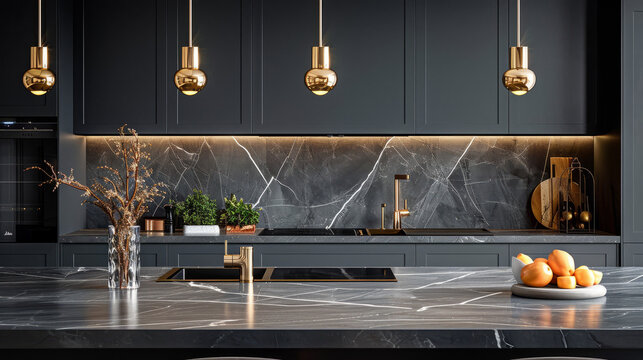 A contemporary, chic kitchen featuring stylish black and white cabinets, golden fixtures, and marble tiles