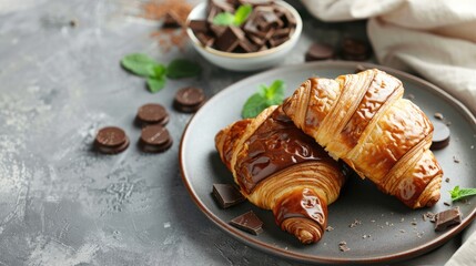 Chocolate croissant freshly baked on a plate with room for text