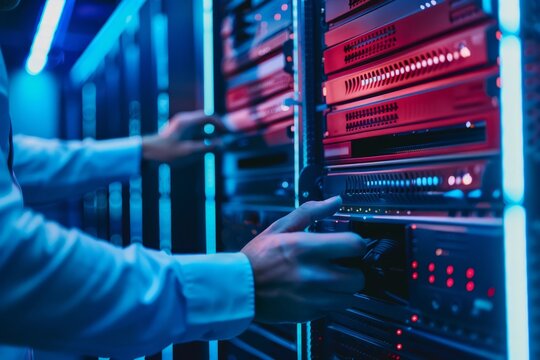 Professional Photography of employees conducting a data backup exercise, safeguarding critical information, Generative AI