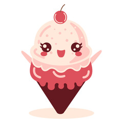 Vector Design of Cute Cherry Cone Ice Cream Cartoon Character with Happy Expression