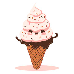 Vector Design of Cute Chocolate Cone Ice Cream Cartoon Character with Happy Expression