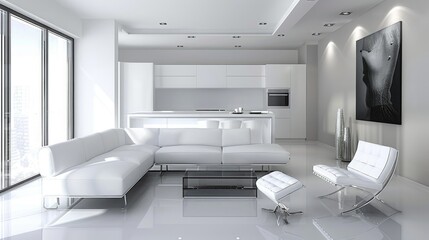 Minimalist living room featuring a monochrome color scheme