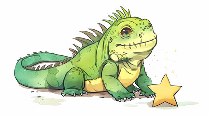 a green iguana with a black mouth and a green dinosaur in the background, accompanied by a yellow star