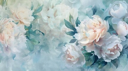 Fototapeta premium Dreamy Floral Background. Soft Pink and White Peonies in Watercolor