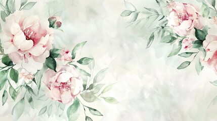 Watercolor Floral Background. Delicate Pink Roses and Green Leaves on Textured Canvas