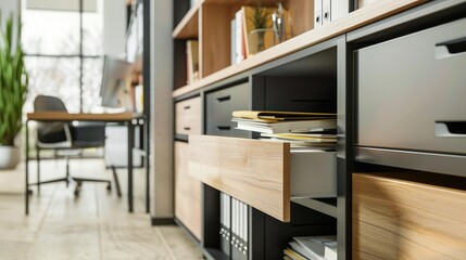 Modern office storage with a single file cabinet drawer ajar, revealing neatly arranged documents