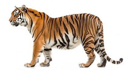 Obraz premium Side view, profile of a tiger standing, isolated on white. 