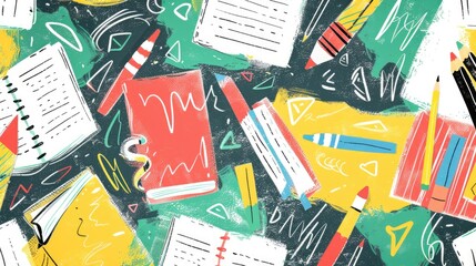 Vibrant Educational Abstract Textures with Notebooks, Crayons, and Chalk