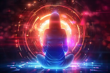 A person meditates in a futuristic digital environment with vibrant lights and holographic elements, symbolizing technology and mindfulness.