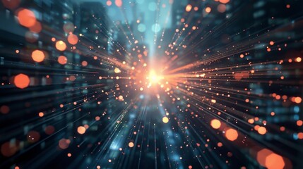 Naklejka premium Futuristic Sci-Fi Cityscape with Birds Eye View, Lens Flare, and Depth of Field