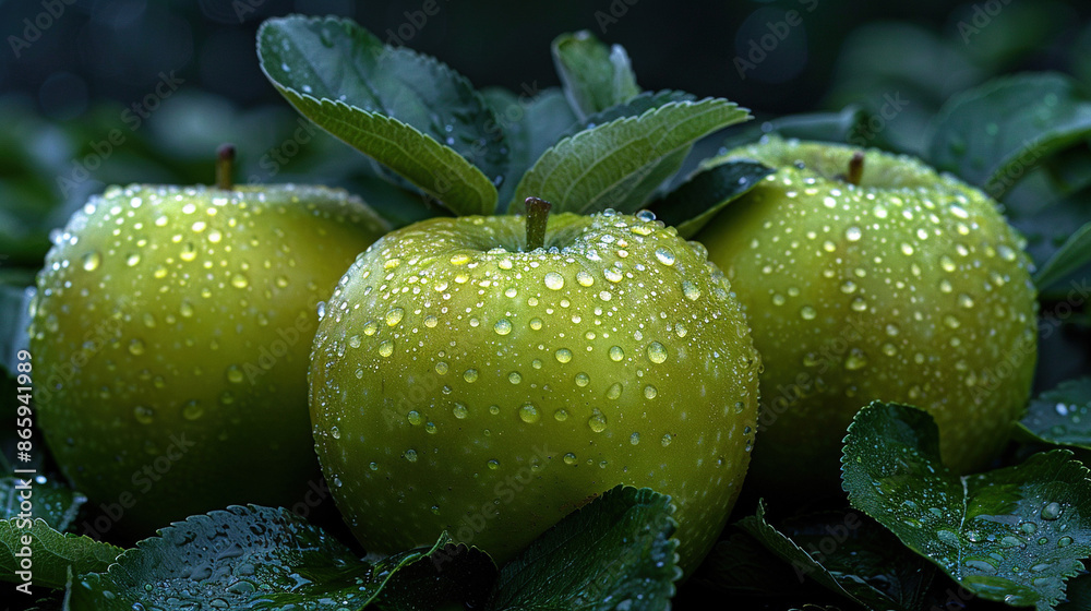 Wall mural three apples with water droplets on leaves in front of green foliage - Wall murals