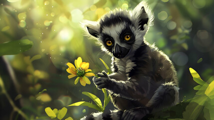 a black and white lemur with yellow eyes and a black nose sits among yellow flowers