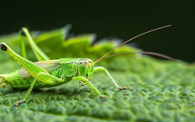 Fototapeta premium Close-up of a vibrant green grasshopper sitting on a leaf, showcasing detailed texture and vibrant colors against a dark background.