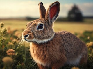 Fototapeta premium Close-up of an adult hare in nature, natural lighting, blurred background