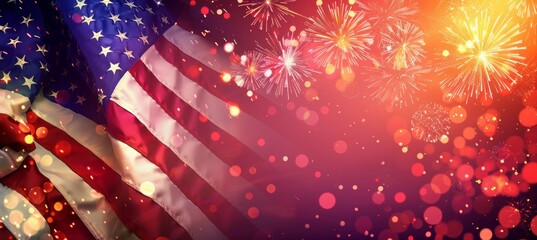 Fototapeta premium America flag with firework effect. Copy space background. 4th of July or American independence day. Generative AI technology.