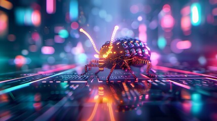 Futuristic digital bug on a vibrant electronic circuit board, creating a high-tech, cyberpunk atmosphere with neon lights and vivid colors.