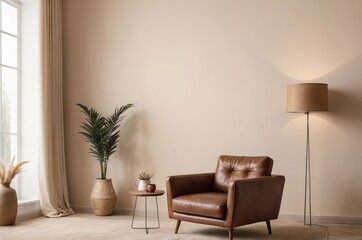 Brown leather armchair in modern living room with beige walls floor lamp and plant in wicker basket