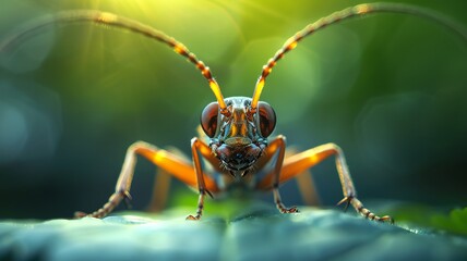 Fototapeta premium Macro shot of a colorful beetle sitting on a leaf, with detailed focus on its antenna and eyes, set against a vibrant green background.