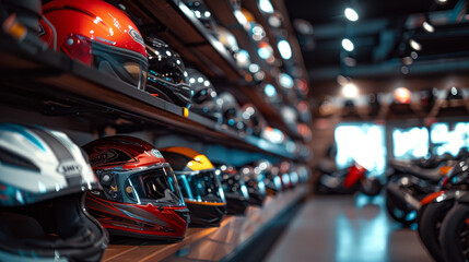 Fototapeta premium A modern motorcycle prominently displayed in a showroom, highlighted by meticulous design and surrounded by an array of helmets