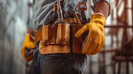 Focused worker with tools wearing a yellow glove and a belt with tools on it.